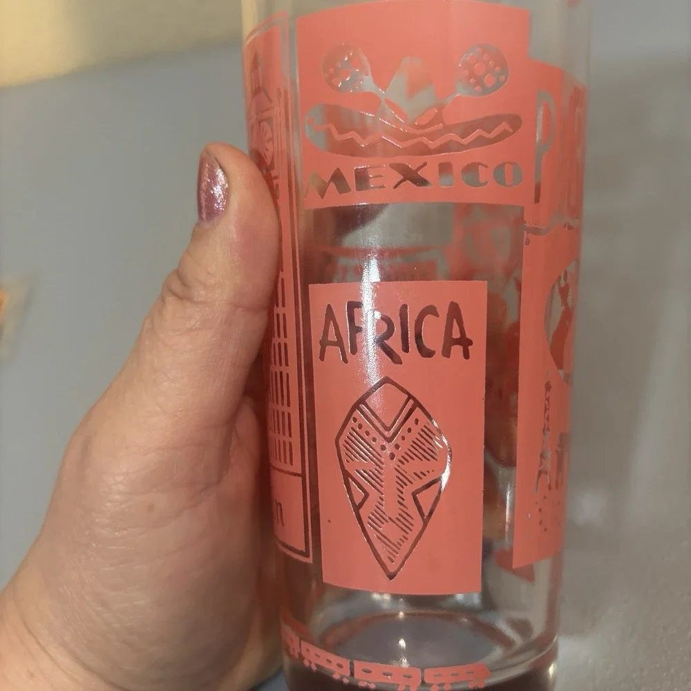 Federal Glass Coral Pink Travel Countries Drinkware Cup Paris, Holland, Africa